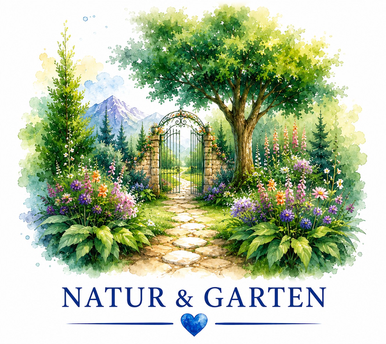 Natur & Garten – Aquarell mit Gartentor, Blumenpfad und Bergblick